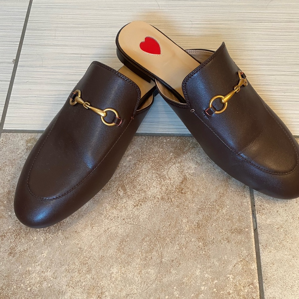 Brown faux leather mules